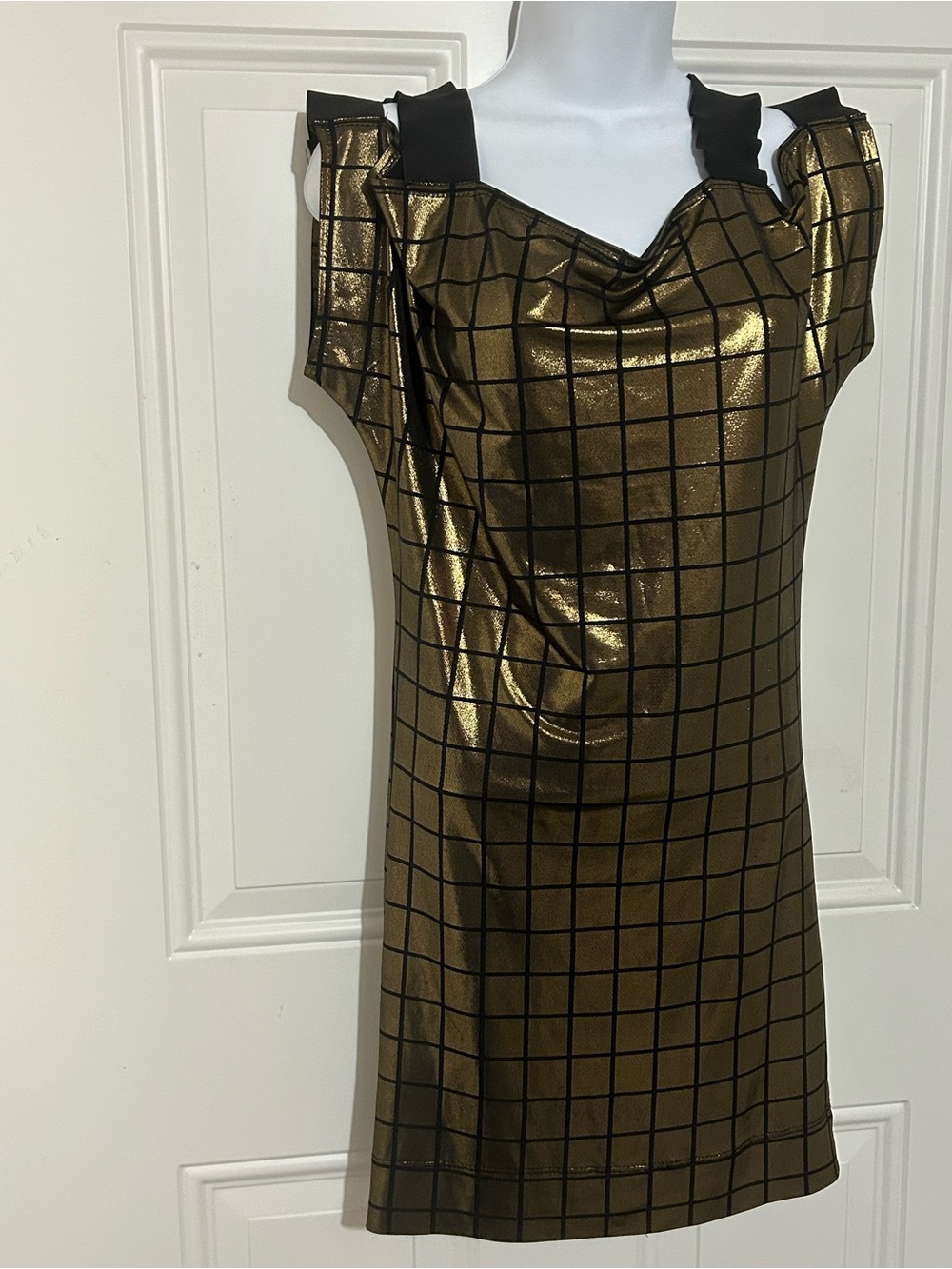 Symphony Bridal Metallic Gold Mini Dress with Black Grid